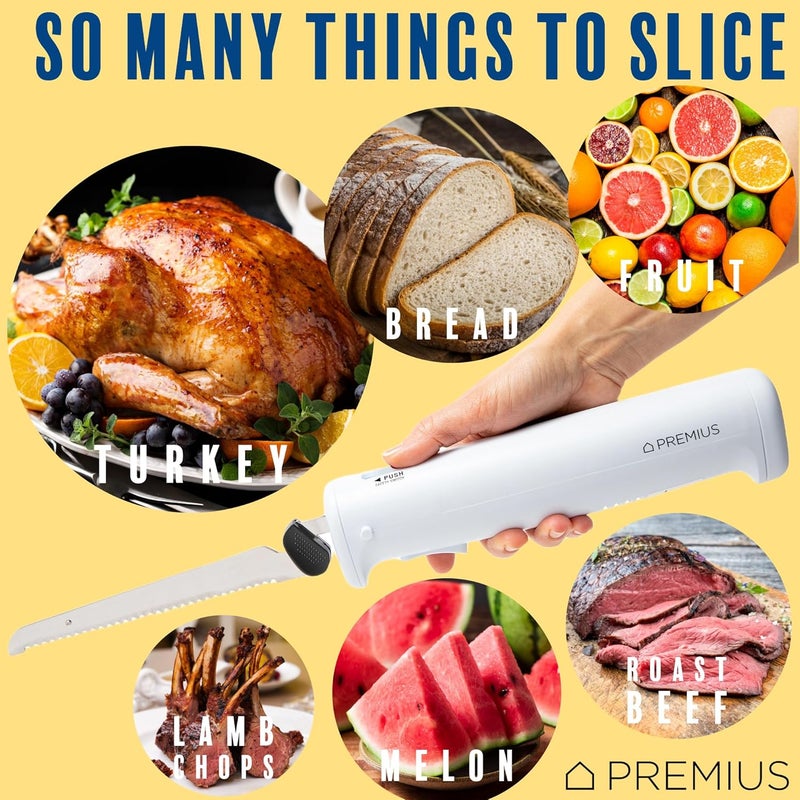 PREMIUS Professional Cordless Rechargeable Easy-Slice Electric Knife, Reciprocating Serrated Stainless-Steel Blades, Safety-Lock Trigger Release, Carving Meats, Turkey, Breads, Fruit, Crafting Foam, White - Image 3